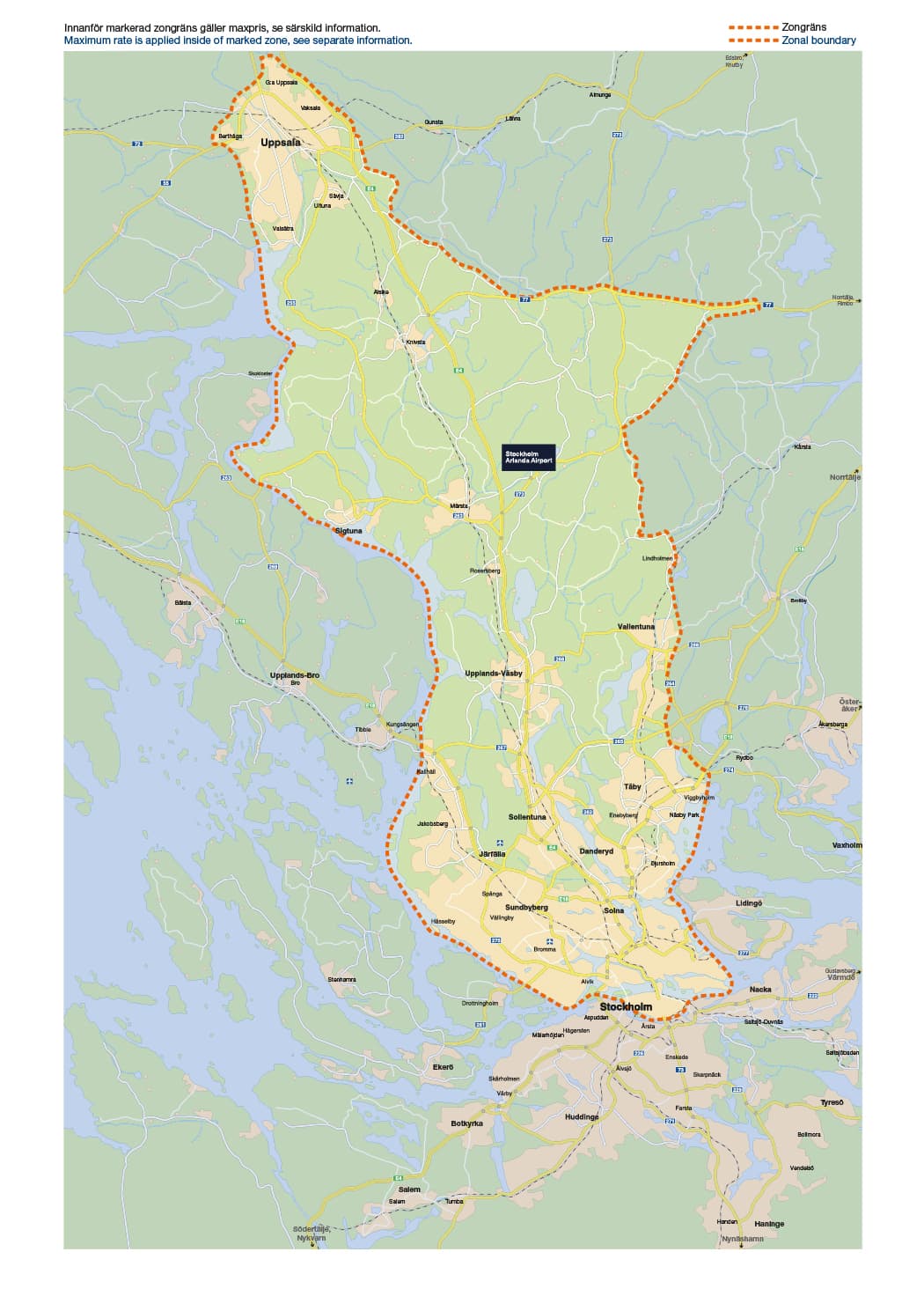 Map of the fixed-price taxi zone for Greater Stockholm